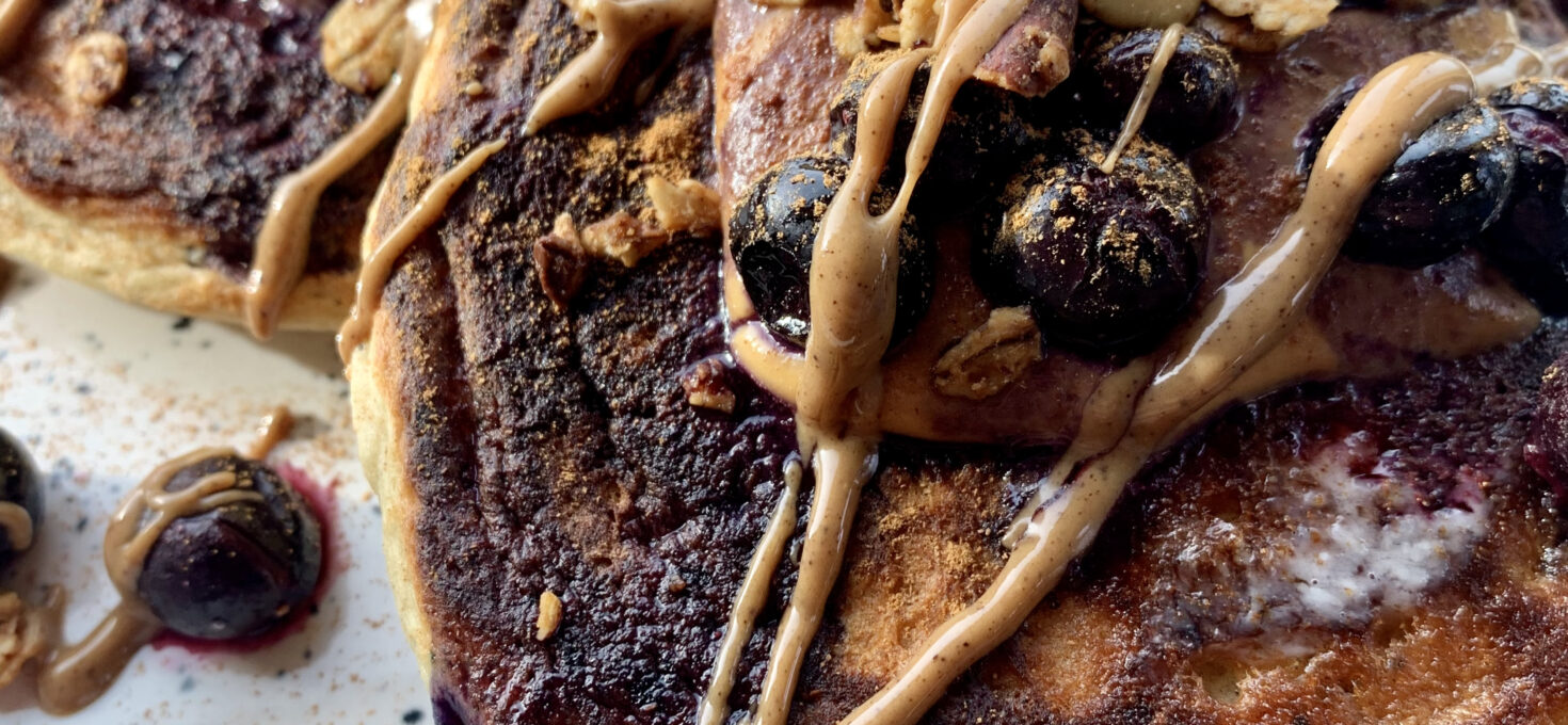 Blueberry Peanut Butter Chocolate Chunk Pancakes