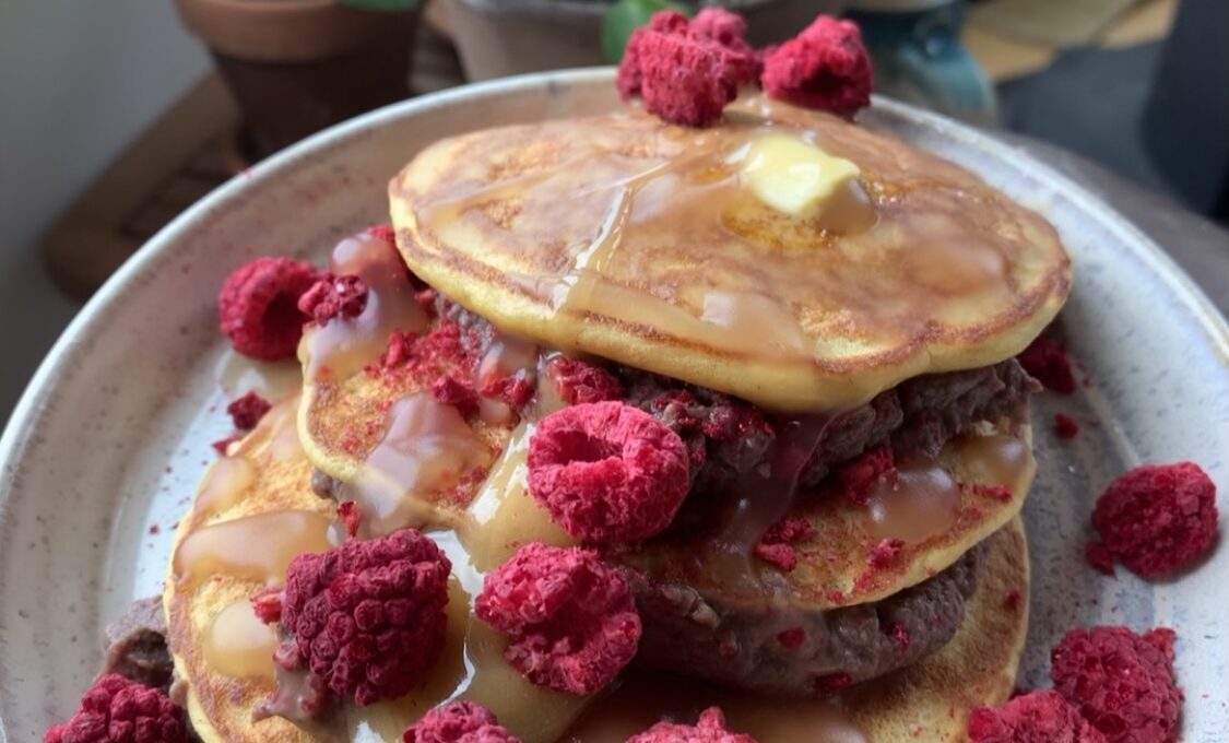 Vegan Fudge Stuffed Raspberry Buttermilk Pancakes