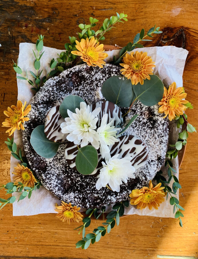 Flourless Chocolate Espresso Cake w/ Dark Chocolate Dipped Pears and Fall Florals